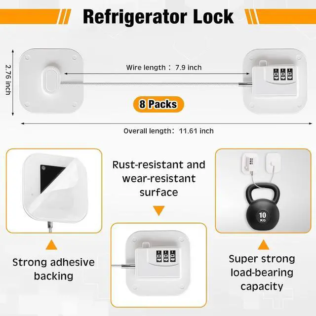 Alt view image 2 of 6 - 8 Pack Fridge Lock Heavy Duty Locks for Fridge Freezer Lock for Child Safety Cabinet Coded Adhesive Combination Refrigerator for Drawers Cabinet Window Easy Install No Drilling Black(White)
