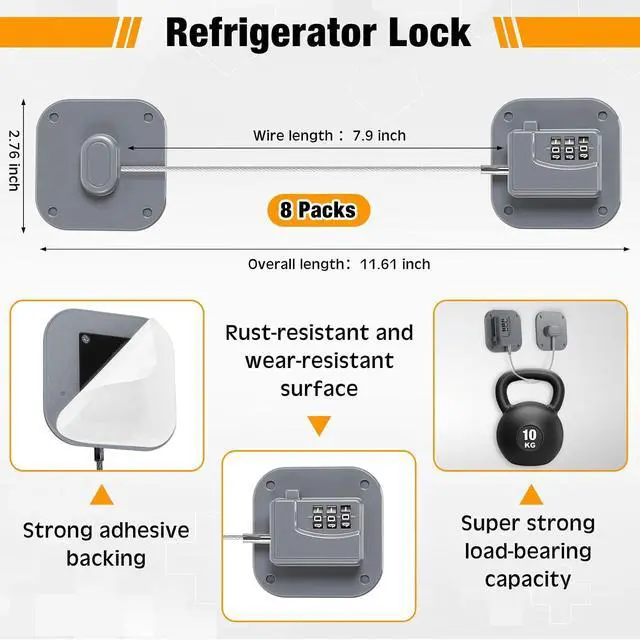 Alt view image 2 of 5 - 8 Pack Fridge Lock Heavy Duty Locks for Fridge Freezer Lock for Child Safety Cabinet Coded Adhesive Combination Refrigerator for Drawers Cabinet Window Easy Install No Drilling Black (Gray)