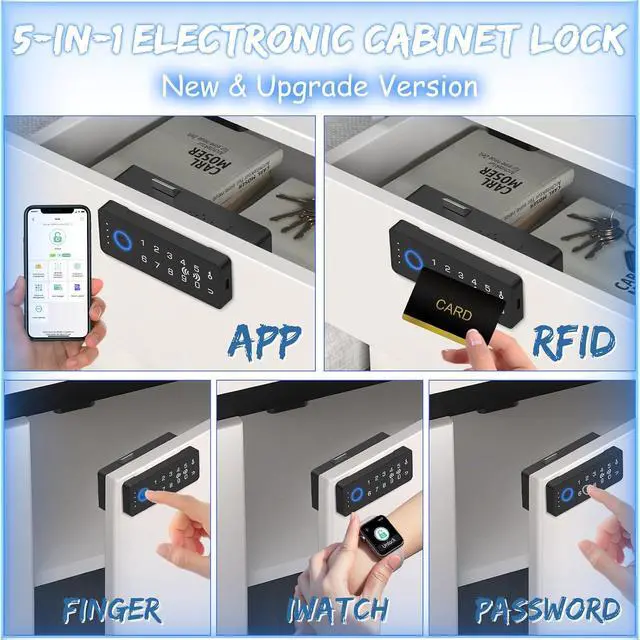Alt view image 2 of 7 - RFID Fingerprint Lock-Smart Cabinet Drawer Lock with Key Cards, Digital Electronic Biometric Bluetooth Child Safety Cabinet Code Lock Liquor File Desk Cupboard Kitchen Liquor Drawer