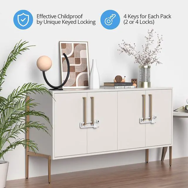 Alt view image 2 of 7 - Keyed Cabinet Lock, 2 Locks 4 Keys Keyed Alike, Effective Childproof Cabinet Latch to Lockout Knobs and Handles, For Kitchen drawer Storage Cupboard Closet, Adjustable, Made of Metal (Matte White)