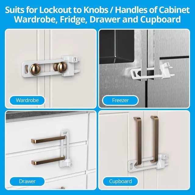 Alt view image 6 of 7 - Keyed Cabinet Lock, 2 Locks 4 Keys Keyed Alike, Effective Childproof Cabinet Latch to Lockout Knobs and Handles, For Kitchen drawer Storage Cupboard Closet, Adjustable, Made of Metal (Matte White)