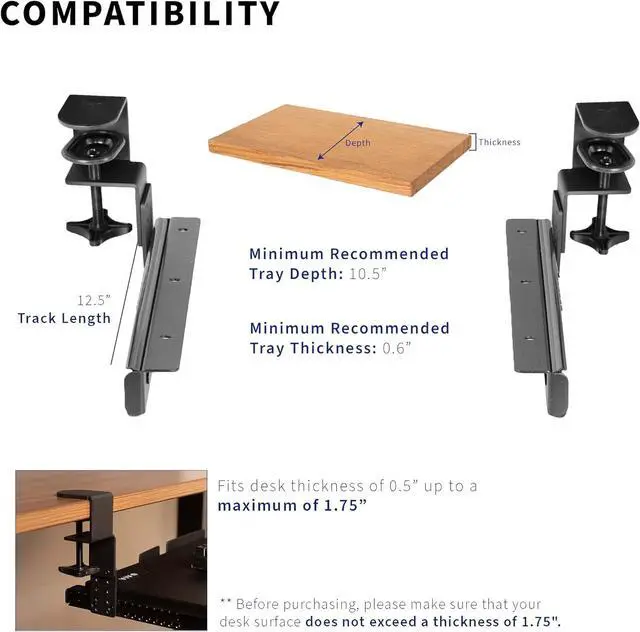 Alt view image 3 of 7 - Height Adjustable Clamp and 12 inch Rail Set for DIY Custom Wooden Keyboard Trays (Tray Not Included), Under Desk Pull Out Slider Track with C-clamp Mount System, Black, MOUNT-RAIL02H