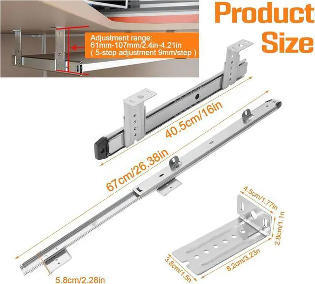 Alt view image 3 of 7 - Under Desk Keyboard Tray Pull Out Slide Height Adjustable Slide Out Keyboard Draw Holder Track Full Extension Ball Bearing Under Table Lift Bracket for Mounting Music Keyboard Piano Without Tray