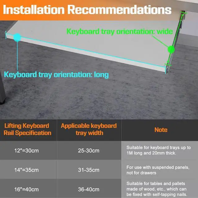 Alt view image 6 of 7 - Under Desk Keyboard Tray Pull Out Slide Height Adjustable Slide Out Keyboard Draw Holder Track Full Extension Ball Bearing Under Table Lift Bracket for Mounting Music Keyboard Piano Without Tray