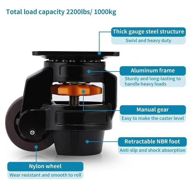 Alt view image 3 of 7 - 4 Pcs Leveling Machine Caster, Retractable Plate Caster Wheel for Industrial Machine Equipment, Heavy Workbench, Movable Furniture, Total Load Capacity 2200Lbs