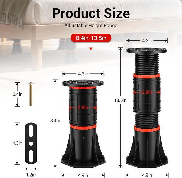Alt view image 2 of 7 - 4 PCS Adjustable Bed Support Legs with Metal Fixing Accessories, 8.4-13.5 InchHeavy Duty Bed Frame Support Feet,Bed Support Reinforcement Parts Bed Slats Support Leg Bed Replacement Legs