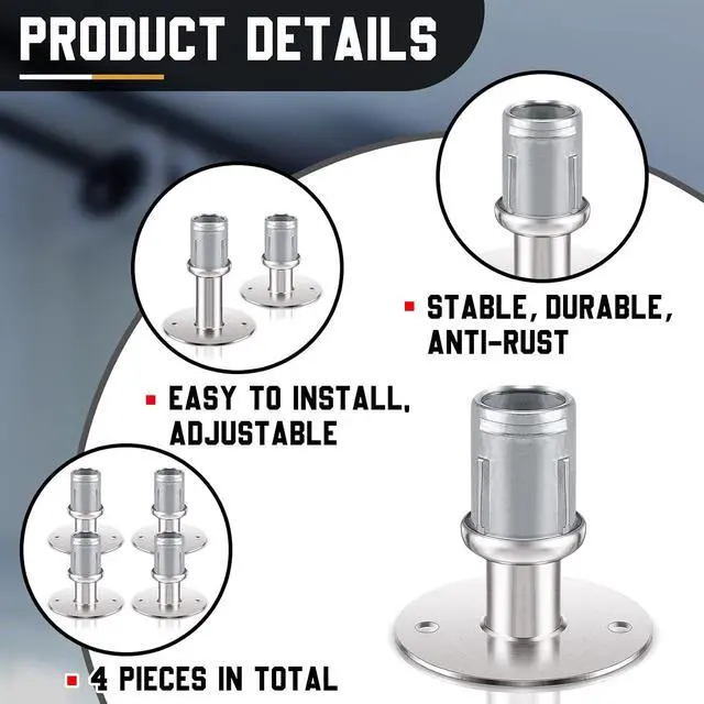 Alt view image 3 of 6 - Adjustable Stainless Steel Flanged Feet Round Base Furniture Feet for 1 5/8 Inch Od Stainless Steel Tubing, Pipe Style Table Legs Support, Height Adjustable 1 3/8 to 2 1/2 Inch(4 Pcs)