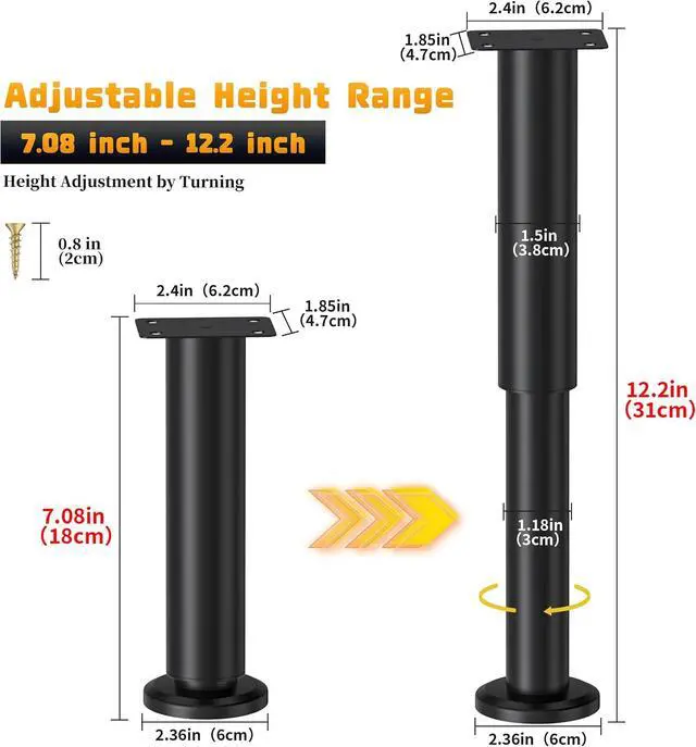 Alt view image 2 of 7 - 6 Pcs Adjustable Height Bed Support Legs for Bed Frame/Bed Center Slat, Metal Adjustable Furniture Legs 7.08-12.2 inch for Bed/Sofa/Cabinet/Couch/Dresser/Table, Heavy Bed Legs Replacement