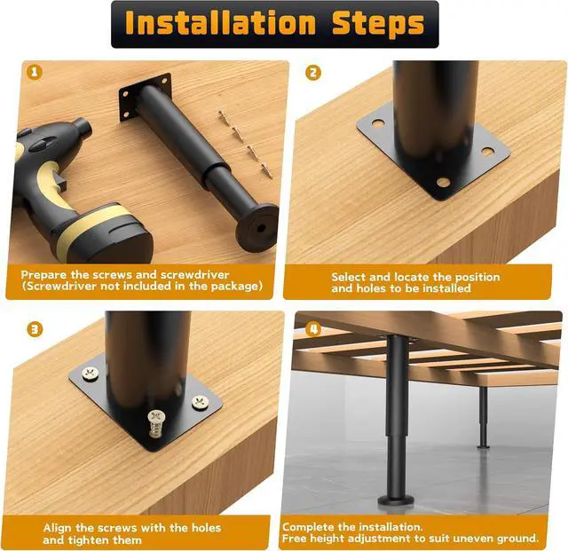 Alt view image 3 of 7 - 6 Pcs Adjustable Height Bed Support Legs for Bed Frame/Bed Center Slat, Metal Adjustable Furniture Legs 7.08-12.2 inch for Bed/Sofa/Cabinet/Couch/Dresser/Table, Heavy Bed Legs Replacement