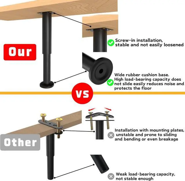 Alt view image 4 of 7 - 6 Pcs Adjustable Height Bed Support Legs for Bed Frame/Bed Center Slat, Metal Adjustable Furniture Legs 7.08-12.2 inch for Bed/Sofa/Cabinet/Couch/Dresser/Table, Heavy Bed Legs Replacement