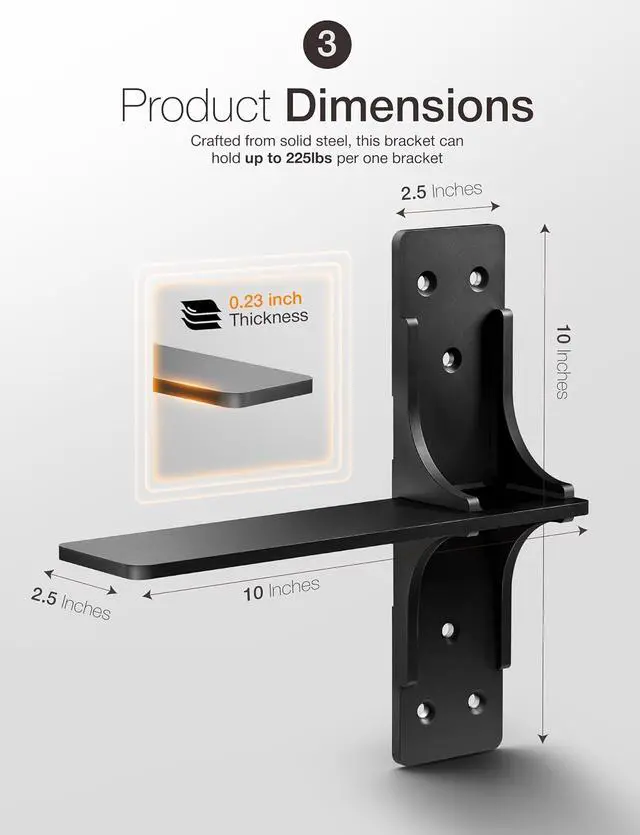 Alt view image 4 of 7 - 10 Free Hanging T Shelf Bracket (2PCS) - 450LBS Capacity Solid Steel Floating Shelf Brackets, Heavy Duty Shelf Brackets - Hidden Countertop Support Brackets with Hardware (Patent Pending)