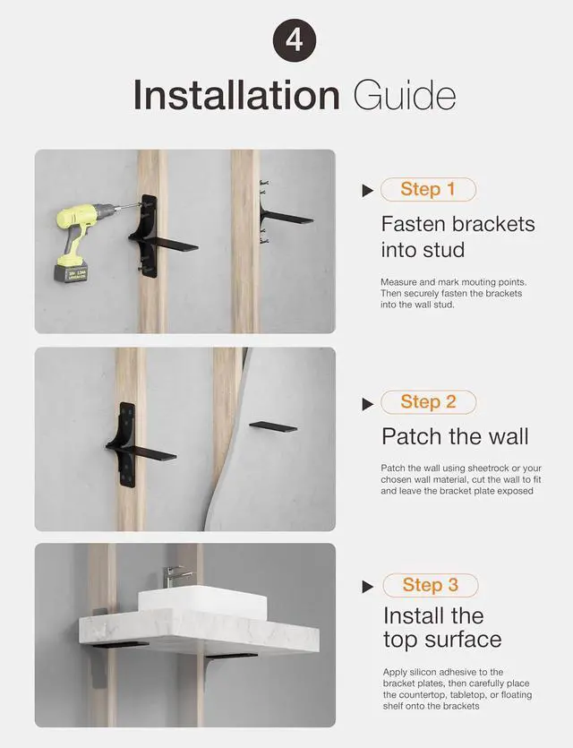Alt view image 6 of 7 - 10 Free Hanging T Shelf Bracket (2PCS) - 450LBS Capacity Solid Steel Floating Shelf Brackets, Heavy Duty Shelf Brackets - Hidden Countertop Support Brackets with Hardware (Patent Pending)
