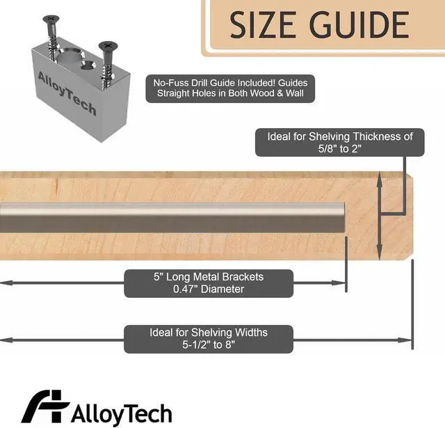 Alt view image 6 of 6 - Floating Shelf Hidden Bracket 5" (4 PCS) - Hidden Supports for Wooden Floating Shelves - Drywall Mount or Stud Mount with Included Drill Guide and Steel Hardware