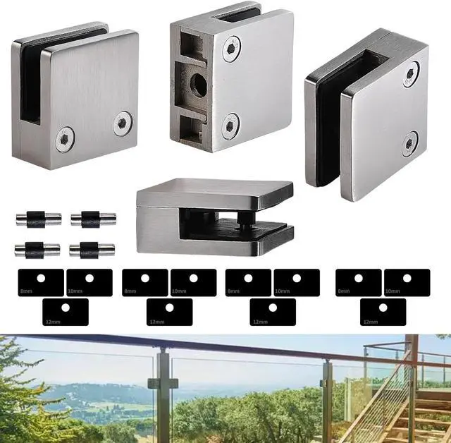 Main image of Glass Clamp4PCS Adjustable Glass Shelf Bracket, 1/3 "-1/2 " 304 Stainless Steel Glass Clamps, Glass Clamp Bracket is Suitable for Railing, Stairs, Glass Wall, All Kinds of Glass (Silver-4pcs)