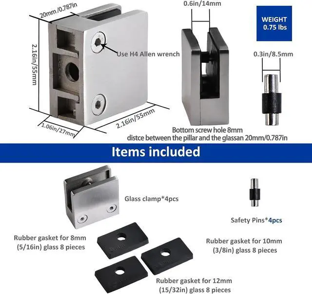 Alt view image 2 of 7 - Glass Clamp4PCS Adjustable Glass Shelf Bracket, 1/3 "-1/2 " 304 Stainless Steel Glass Clamps, Glass Clamp Bracket is Suitable for Railing, Stairs, Glass Wall, All Kinds of Glass (Silver-4pcs)