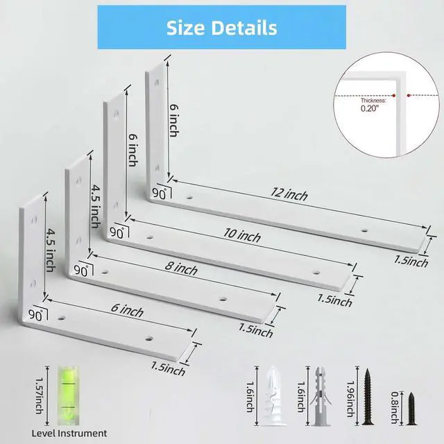 Alt view image 4 of 6 - Shelf Bracket, Heavy Duty Floating Shelf Brackets 12-Inch Long, 6-Pack Brackets for Shelves, Matte White Coated L Shape Metal Wall Shelf Support Brackets with 1/5 Inch Thick and 160 lb. Load Capacity