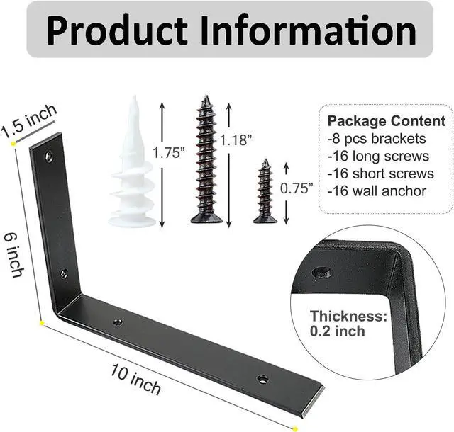 Alt view image 2 of 7 - Shelf Brackets 10 Inch Wall L Brackets 8PCS Heavy Duty for Shelves Metal Black Rustic Industrial Brackets for DIY Opening Shelves Project Hardware Included