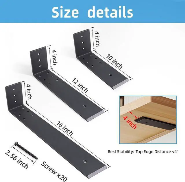 Alt view image 4 of 7 - 10 Inch Countertop Support Bracket, 3 Pack Solid Iron Steel Heavy Duty Hidden Floating L Shelf Brackets 1/4 Inch Thick, Shelving Support Metal Hardware for Mantel Granite Countertop