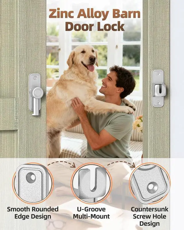 Alt view image 3 of 7 - 90/180 Degree Flip Barn Door Lock, Heavy Duty Sliding Door Latch Zinc Hardware Privacy Protection for Barn, Window, Gate, Garden, Bathroom, Cabinet (Silver-4PCS)
