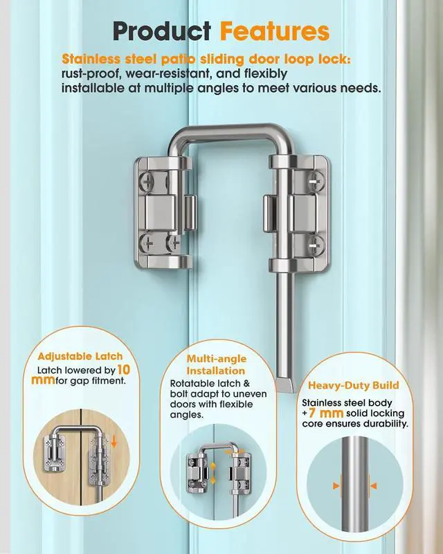 Alt view image 3 of 7 - 2.36 Inch U Patio Sliding Door Loop Lock Latch - Stainless Steel Home Security Loop Bolt Lock for Barn, Garden, Fence Gate, Window - Multi-Angle Installation Option (Silver-4 Pcs)