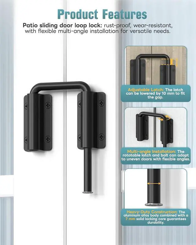 Alt view image 3 of 7 - Updated U Patio Sliding Door Loop Lock Latch - 90/180 Degree Stainless Steel Security Bolt Lock for Barn, Garden, Fence Gate, Window - Multi-Angle Mounting (Black-4 PCS)
