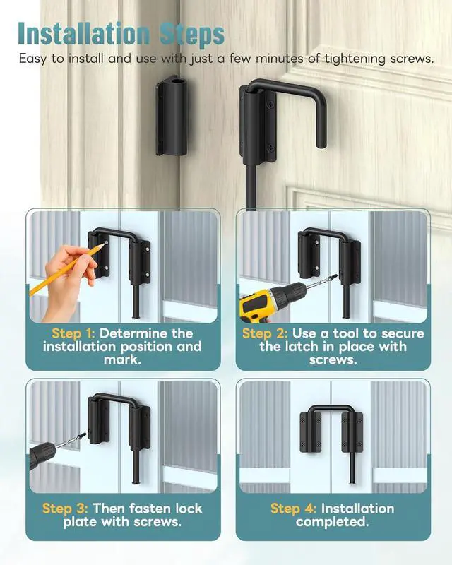 Alt view image 5 of 7 - Updated U Patio Sliding Door Loop Lock Latch - 90/180 Degree Stainless Steel Security Bolt Lock for Barn, Garden, Fence Gate, Window - Multi-Angle Mounting (Black-4 PCS)