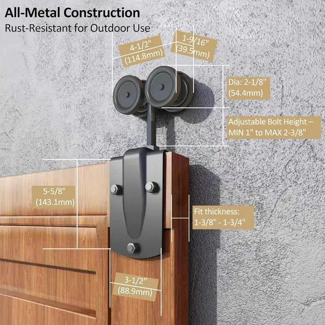 Alt view image 3 of 4 - Heavy-Duty Black Exterior Sliding Barn Door Roller Kit, Outdoor Rolling Rollers, 450 lbs Capacity, Powder Coated Black, 2 Packs