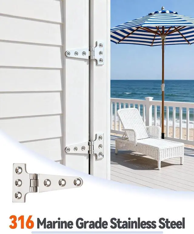 Alt view image 3 of 7 - 316 Stainless Steel 8 in x 4 in T Hinges, Marine Grade Heavy Duty Hinges with Screws for Hatch, Yacht, Gate, Door, Fence, Barn, Cabinets, Windows (4 Pack)