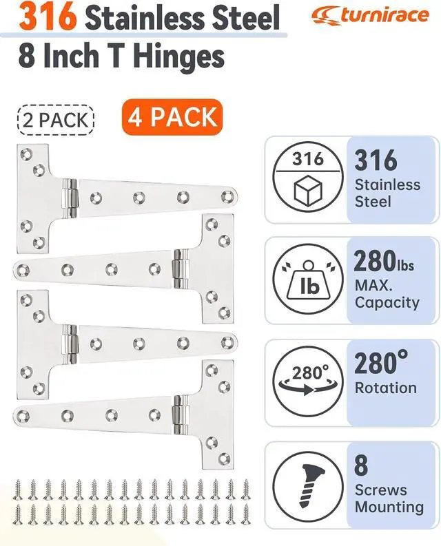 Alt view image 4 of 7 - 316 Stainless Steel 8 in x 4 in T Hinges, Marine Grade Heavy Duty Hinges with Screws for Hatch, Yacht, Gate, Door, Fence, Barn, Cabinets, Windows (4 Pack)