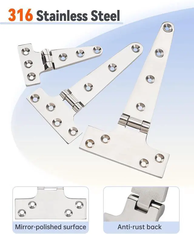 Alt view image 5 of 7 - 316 Stainless Steel 8 in x 4 in T Hinges, Marine Grade Heavy Duty Hinges with Screws for Hatch, Yacht, Gate, Door, Fence, Barn, Cabinets, Windows (4 Pack)