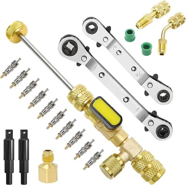 Main image of Valve Core Remover Installer Tool and HVAC Service Wrench Set with Hex Bit Adapters, R410A Adapter 5/16 Female 1/4 Male Flare, 3/8'' to 1/4'', 5/16'' x 1/4'' Refrigeration Service Wrench (Set B)