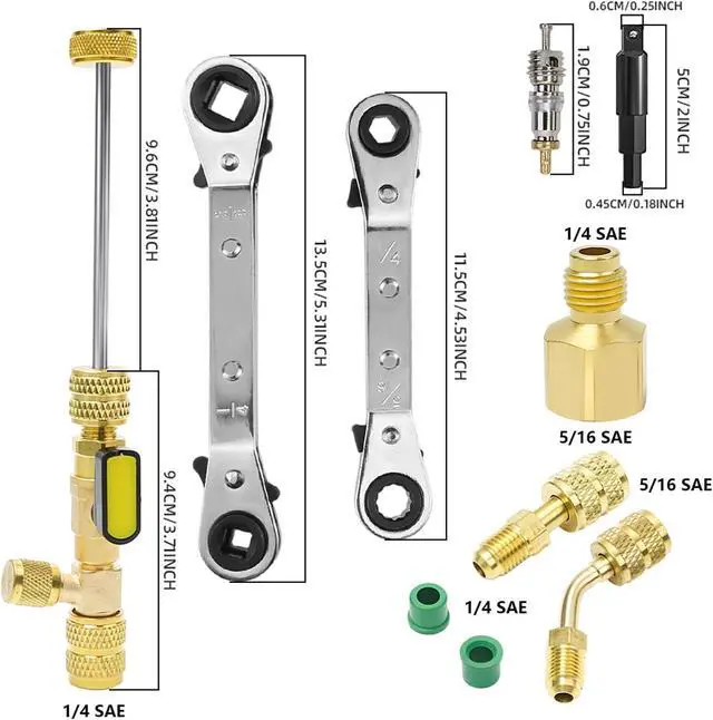 Alt view image 2 of 7 - Valve Core Remover Installer Tool and HVAC Service Wrench Set with Hex Bit Adapters, R410A Adapter 5/16 Female 1/4 Male Flare, 3/8'' to 1/4'', 5/16'' x 1/4'' Refrigeration Service Wrench (Set B)