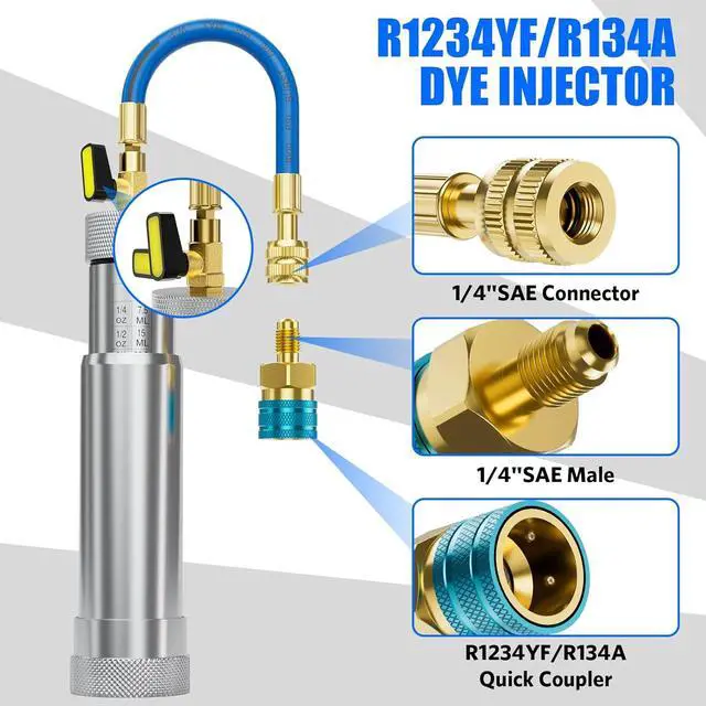 Alt view image 4 of 7 - AC Oil Injector Kit, A/C Dye Oil Injector with R1234YF Low Side Quick Coupler and QC12 Quick Coupler, for R1234YF R134A R22 R12 Refrigerant System