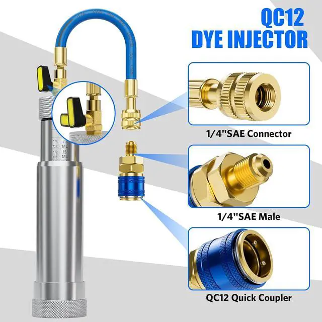 Alt view image 5 of 7 - AC Oil Injector Kit, A/C Dye Oil Injector with R1234YF Low Side Quick Coupler and QC12 Quick Coupler, for R1234YF R134A R22 R12 Refrigerant System