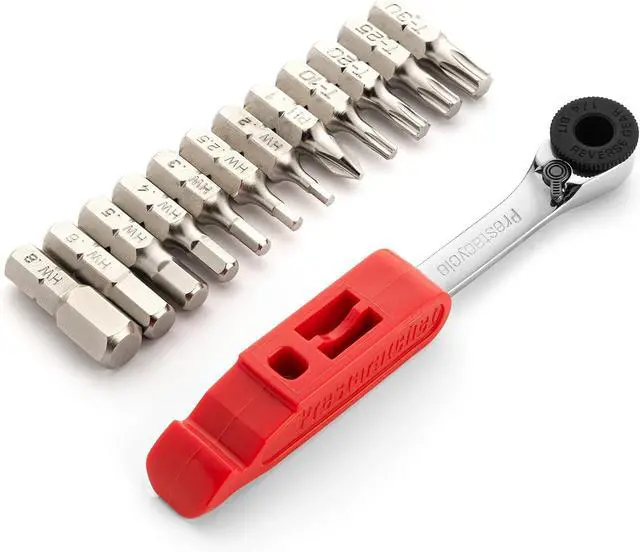 Main image of Prestaratchet GO 6-in-1 Bicycle Multi-Tool Wallet Kit Ratcheting Wrench, Tire Lever, Valve Core Tool, Chain Breaker, Bead Lifter & Tubeless Plugger 25g Compact Bike Repair Kit