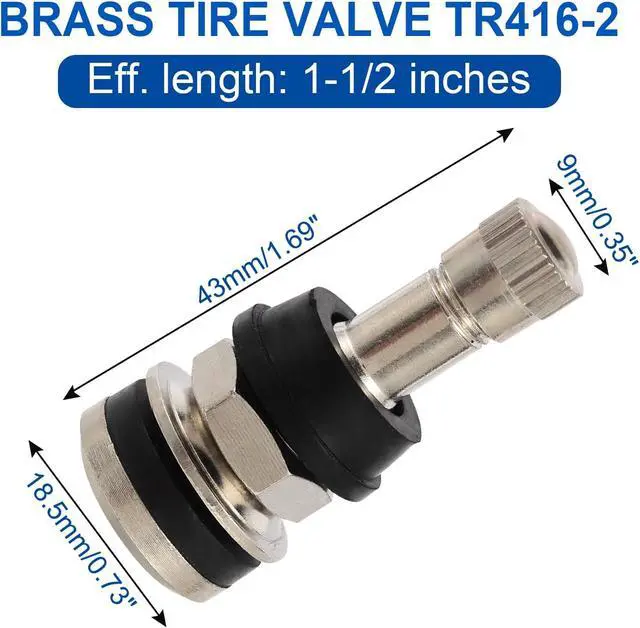 Alt view image 3 of 7 - TR416 Metal Valve Stems for Passenger Car. Fits 0.453" & 0.625" Valve Hole Dia, Length 1.5", Nickel-Plated Brass, Silver, Pack of 25