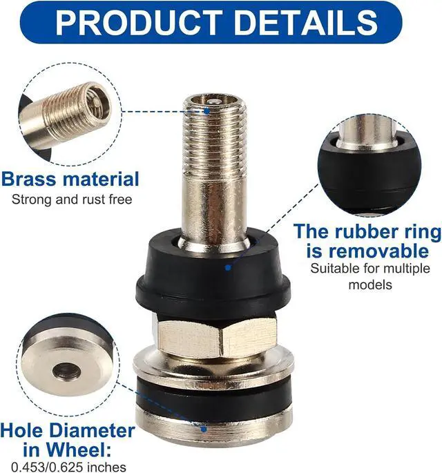 Alt view image 4 of 7 - TR416 Metal Valve Stems for Passenger Car. Fits 0.453" & 0.625" Valve Hole Dia, Length 1.5", Nickel-Plated Brass, Silver, Pack of 25