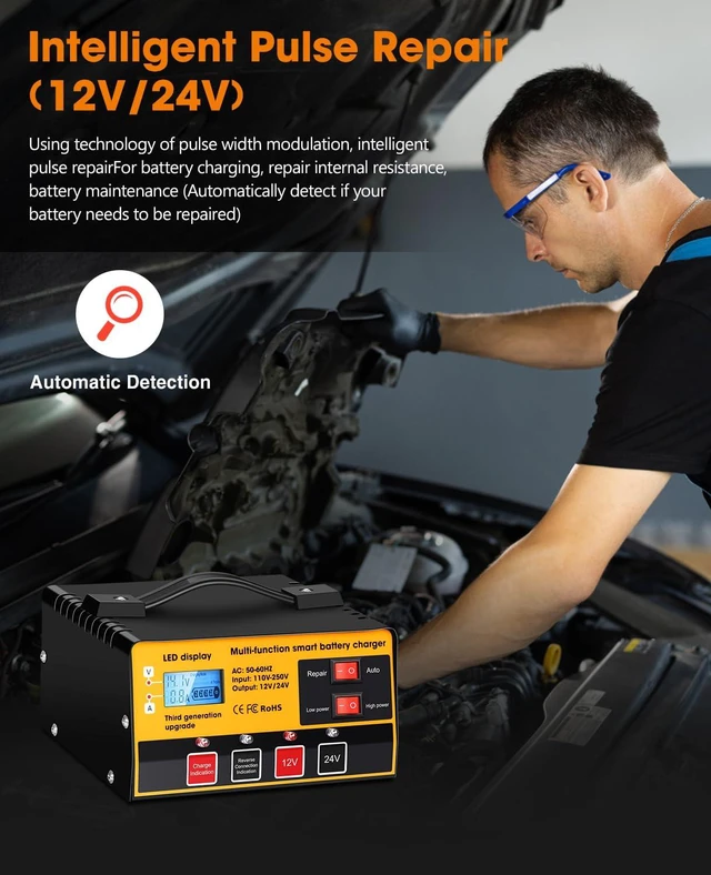 Alt view image 3 of 7 - 12V-12A/24V-8.5AMH Smart Automatic Car Battery Charger High/Low Power Trickle Charger, Battery Maintainer & Desulfator for Motorcycle Lawn Mower Marine Lead Acid Batteries
