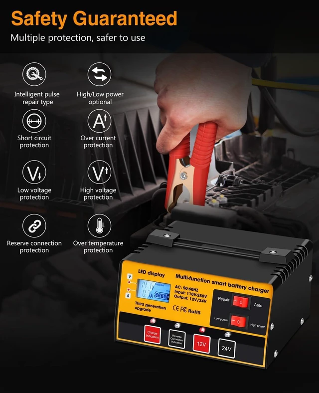 Alt view image 4 of 7 - 12V-12A/24V-8.5AMH Smart Automatic Car Battery Charger High/Low Power Trickle Charger, Battery Maintainer & Desulfator for Motorcycle Lawn Mower Marine Lead Acid Batteries