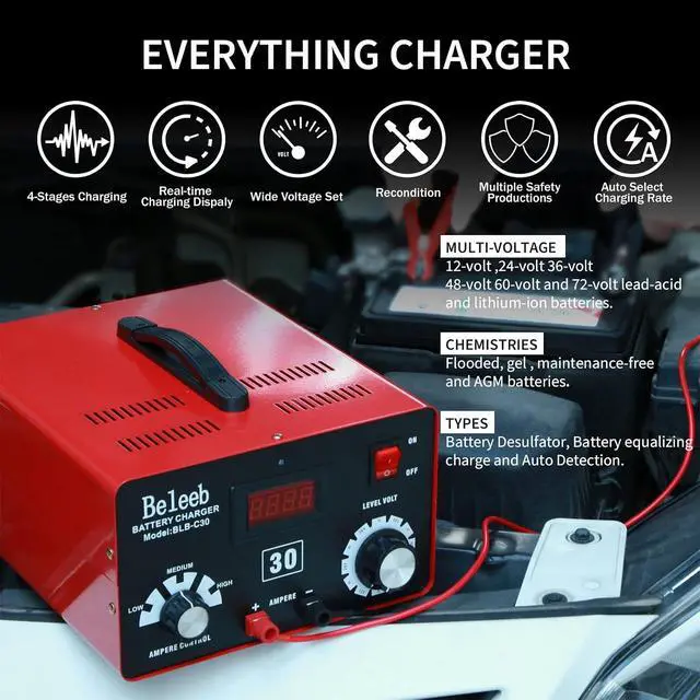Alt view image 2 of 6 - Adjustable Battery Charger 12V 24V 36V 48V 60V 72V Smart LCD Display Pulse Repair Desulfator Cable Clamps Automotive Maintainer for Golf Cart Mower Boats, PWCs Truck RV ATV SUV