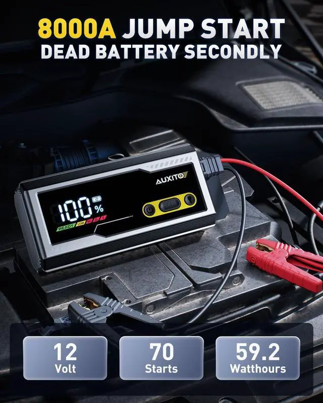 Alt view image 2 of 7 - Jump Starter 8000A Portable Car Battery Jump Starter with Large LCD Display Jump Cable with Smart Clamps Power Bank Emergency Flashlight for Cars Heavy Duty Jumper Box for Car Battery