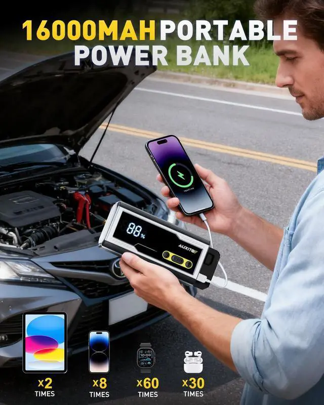 Alt view image 6 of 7 - Jump Starter 8000A Portable Car Battery Jump Starter with Large LCD Display Jump Cable with Smart Clamps Power Bank Emergency Flashlight for Cars Heavy Duty Jumper Box for Car Battery