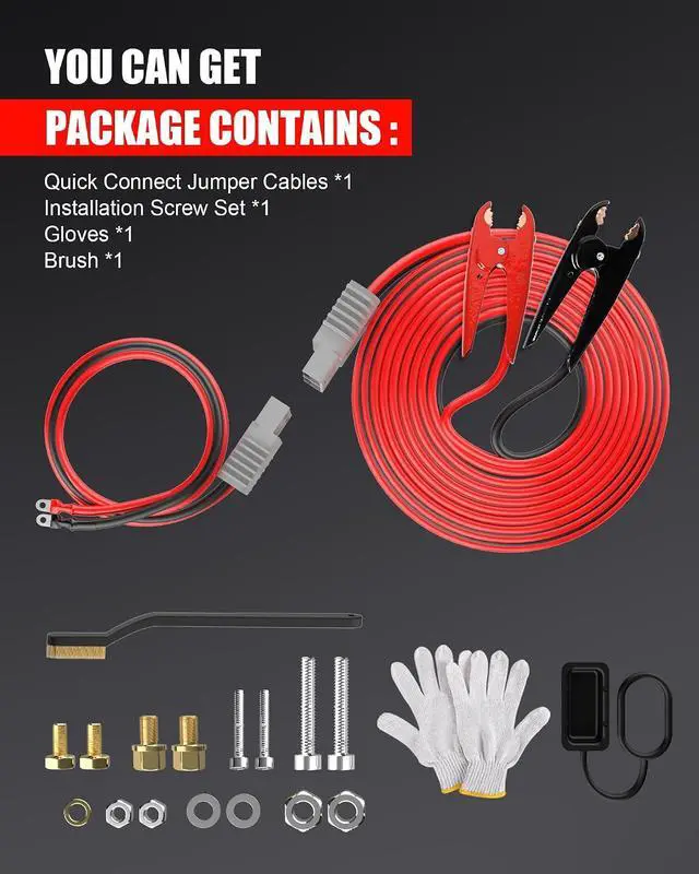 Alt view image 7 of 7 - Heavy Duty Jumper Cables for Diesel Trucks - 1 Gauge 25 Feet extra long Booster Battery Cables with Permanent Installation kit and Quick Connect Plug for Car, SUV