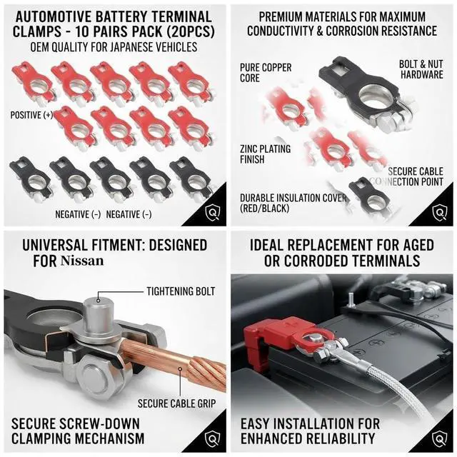 Alt view image 4 of 7 - 10Pair Battery Cable Terminal Clamps Connectors Set Fit for Nissan, Battery Cable Terminal Clamps Connectors Negative & Positive for Boat Car RV Marine Use Trucks Vans