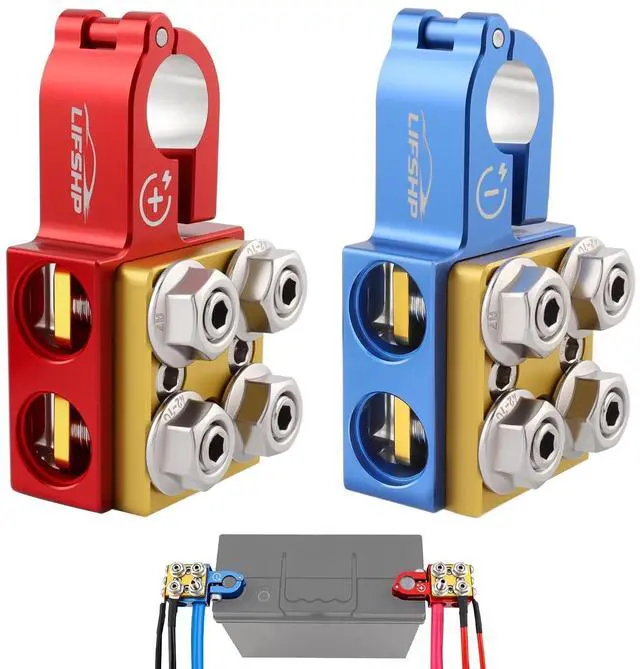 Main image of Battery Terminal Connectors, Red Positive Blue Negative Top Post Set, 4 x 2/0 AWG Inputs, 4 x 8MM Top & 3 x 6MM Bottom Studs, for SAE/DIN/EN Tapered Posts