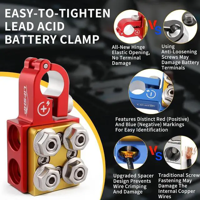 Alt view image 2 of 7 - Battery Terminal Connectors, Red Positive Blue Negative Top Post Set, 4 x 2/0 AWG Inputs, 4 x 8MM Top & 3 x 6MM Bottom Studs, for SAE/DIN/EN Tapered Posts