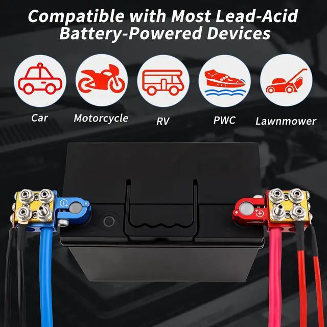 Alt view image 5 of 7 - Battery Terminal Connectors, Red Positive Blue Negative Top Post Set, 4 x 2/0 AWG Inputs, 4 x 8MM Top & 3 x 6MM Bottom Studs, for SAE/DIN/EN Tapered Posts