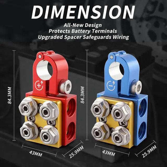 Alt view image 6 of 7 - Battery Terminal Connectors, Red Positive Blue Negative Top Post Set, 4 x 2/0 AWG Inputs, 4 x 8MM Top & 3 x 6MM Bottom Studs, for SAE/DIN/EN Tapered Posts