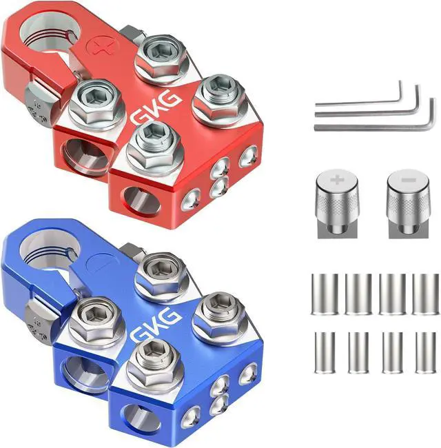 Main image of 2 Pcs Lead Acid Battery Terminal Connectors, 12 Way Battery Terminal Clamps with OEM Top Post Adapter, 18AWG up to 4/0 AWG Gauge, Positive and Negative Set for SAE/DIN/EN Standard Tapered Top Post