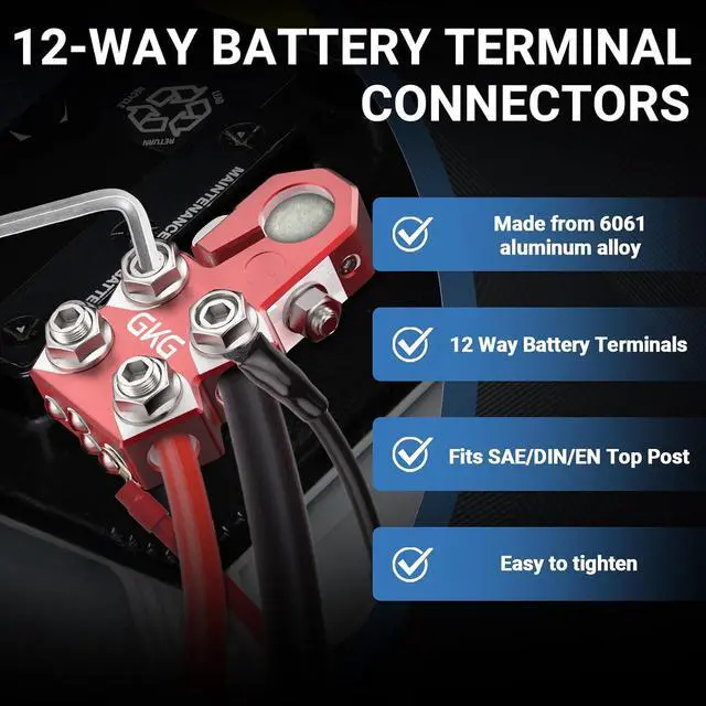 Alt view image 2 of 7 - 2 Pcs Lead Acid Battery Terminal Connectors, 12 Way Battery Terminal Clamps with OEM Top Post Adapter, 18AWG up to 4/0 AWG Gauge, Positive and Negative Set for SAE/DIN/EN Standard Tapered Top Post